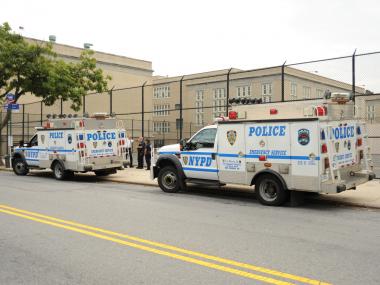 A Deer died after being trapped on the premises of the Bayside High School in Queens at about 9:30AM. The Deer reportedly repeatedly ran head first into a chain link fence in a futile effort to escape. Animal Control Officers removed the Deer from the scene. Sept. 26, 2012.
