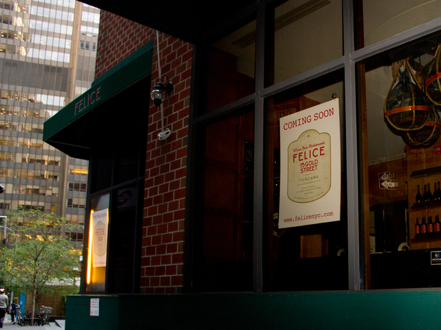 Felice, a new Italian restaurant at 15 Gold St., will open Oct. 3, 2012.  