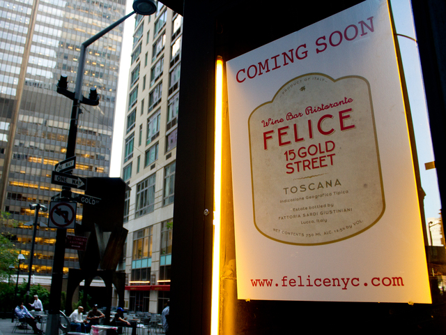 Felice, a new Italian restaurant located at 15 Gold St. in the Financial District, will open October 3. 