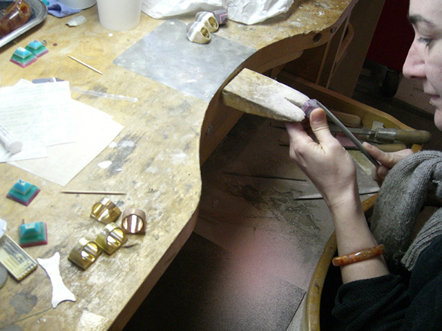 A modern-day manufacturer making jewelry out of vintage plastic at Mark Davis' Greenpoint factory space.