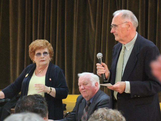 City councilwoman Karen Koslowitz, community board 6 chairman Joe Hennessy and DEP spokesperson Edward Coleman at a Town Hall at the Forest Hills Jewish Center of Sept. 27, 2012.
