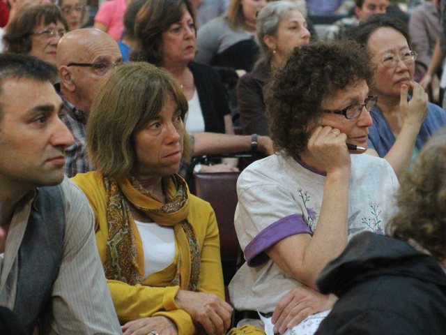 Residents listen in during  a Town Hall at the Forest Hills Jewish Center of Sept. 27, 2012.