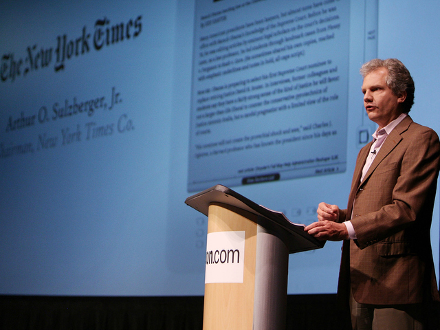 <p>Arthur Sulzberger, Jr., publisher of The New York Times and chairman of The New York Times Company, speaks during the unveiling of the new Kindle DX at a press conference at the Michael Schimmel Center for the Arts at Pace University May 6, 2009. He and his sibling plan to sell the $40 million in stock his father held in the company.</p>

