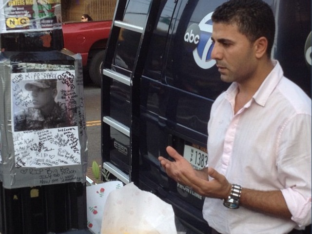 <p>Ashraf Selim, co-owner of The Ice Lounge, prays at a memorial for Noel Polanco, who worked at bar. Polanco was shot to death by an NYPD detective on Oct. 4, 2012.</p>
