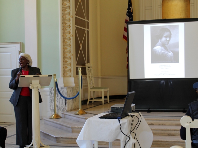 <p>Bronx Deputy Borough President Aurelia Green talks about pioneering businesswoman Madam CJ Walker, one of four historic women buried at Woodlawn Cemetery who were honored at an event on Monday.</p>
