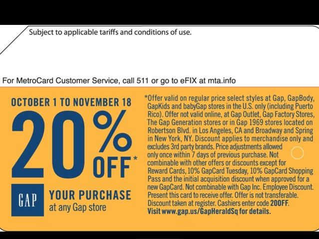 <p>A coupon good until Nov. 18, 2012, will appear on Gap themed MetroCards, which will be randomly disbursed by machines, or handed out by station agents, the MTA said on October 7, 2012.</p>
