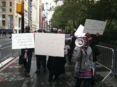 <p>The protestors make their way up Broadway.</p>
