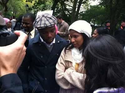<p>Mohamed Bah's sister Oumou and lawyer Franciscus Diaba field questions from reporters at Saturday's demonstration.</p>
