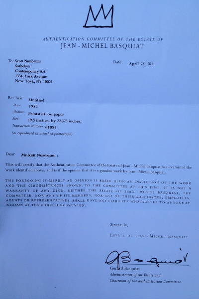 <p>A letter from the Jean-Michel Basquiat Authentication Committee that verifies the drawing Daniel Himmelfarb sold for $100,000.</p>
