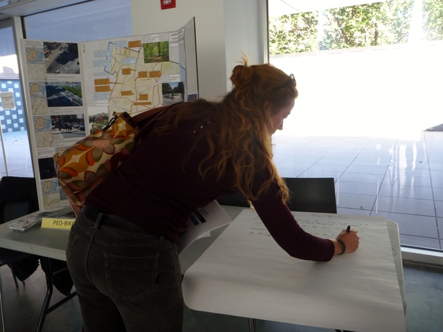 <p>Maggie Greenfield, of the Bronx River Alliance, writes a suggestion on the public comment sheet. The Alliance is advocating for better pedestrian routes to connect the borough's waterfront parks.</p>
