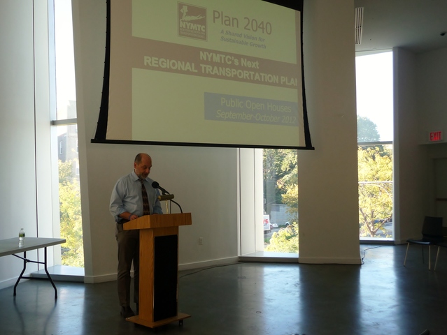 <p>Gerry Bogacz, planning group director for the New York Metropolitan Transportation Council, speaks at the Bronx open house. The Regional Transportation plan is a long-term blueprint for how transportation funding is spent in New York City, Long Island and the lower Hudson Valley.</p>

