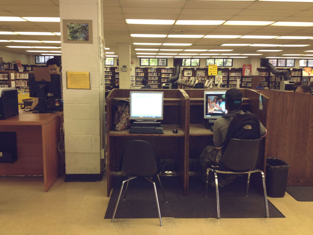 <p>The public computers are next to the children's area at the Clinton Hill branch of the Brooklyn Public Library.</p>
