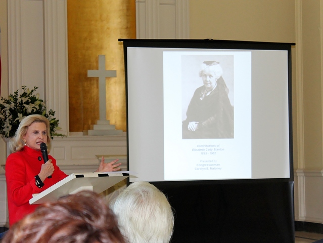 U.S. Congresswoman Carolyn Maloney talks about the life and accomplishments of Elizabeth Cady Stanton, one of four historic women buried at Woodlawn Cemetery who were honored at an event on Monday.