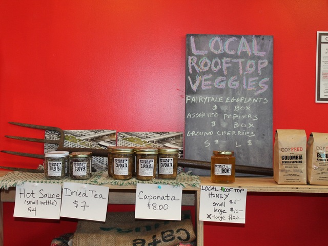 <p>Brooklyn Grange has its farm stand in the corner of the coffee shop.</p>
