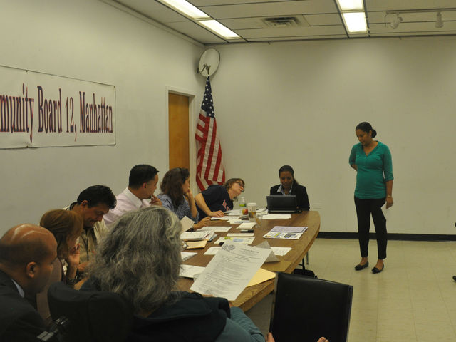 <p>Sandra Jaquez is asked questions by Community Board 12 Licensing Committee Acting Chair George Fernandez on Oct 2.</p>
