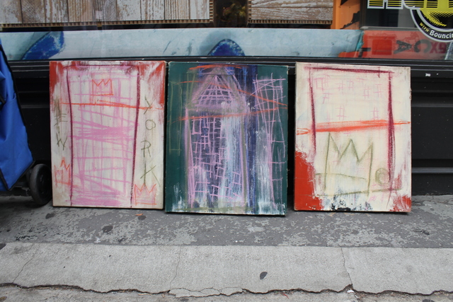 <p>Daniel Himmelfarb, the owner of a now-defunct SoHo art supply shop, said Jean-Michel Basquiat gave him this triptych of paintings after running up a tab at his store.</p>
