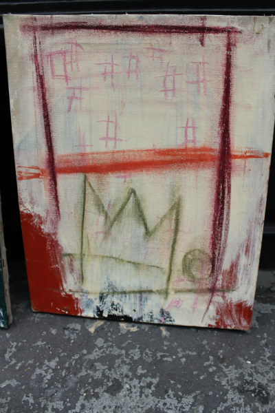 <p>Daniel Himmelfarb says this is one of the paintings in a triptych by Jean-Michel Basquiat. He says the artist gave him the triptych after running up a tab at his SoHo art supply shop.</p>
