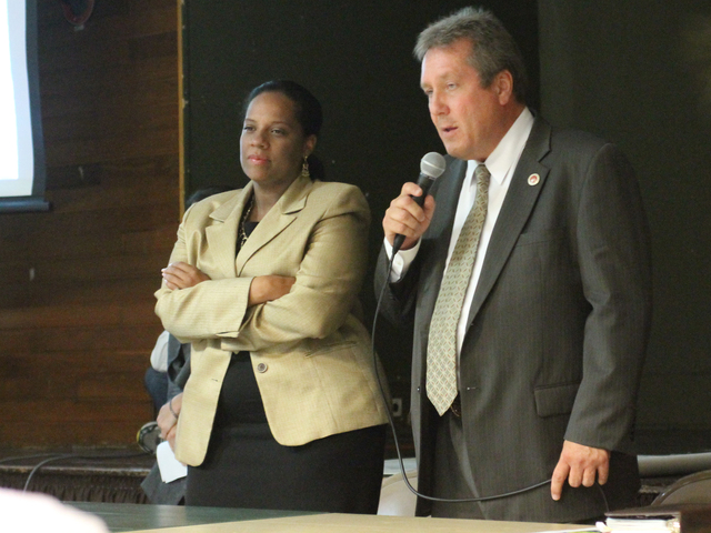 <p>City councilmembers Julissa Ferreras and Daniel Dromm speak at a town hall meeting on Oct. 1, 2012.</p>

