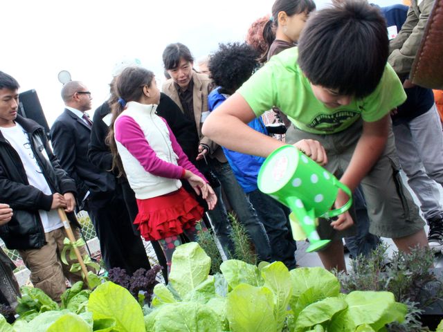 <p>Students from the Earth School do some planting during the unveiling of the Fifth Street Farm garden.</p>
