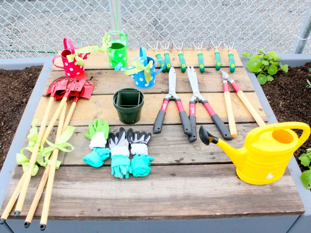 <p>Garden tools ready to be used by students of the Earth School at a new rooftop garden created by nonprofit the Fifth Street Farm.</p>
