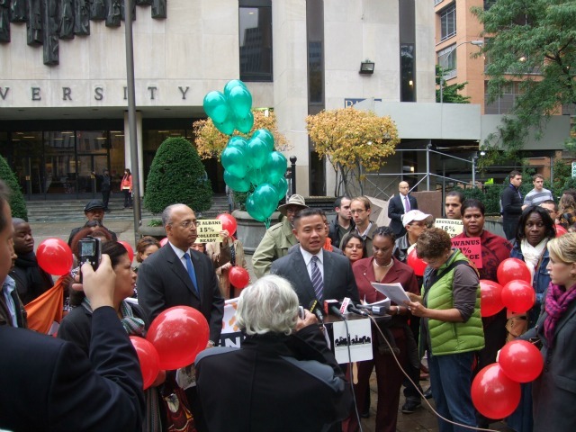 <p>Comptroller John Liu and former Comptroller Bill Thompson raised concerns about college preparedness among black and Hispanic students at a rally Oct. 24, 2012.</p>
