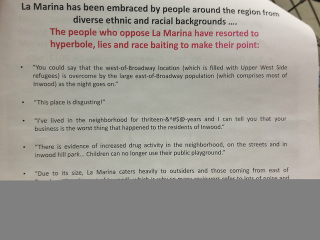 <p>A presentation given by La Marina's owner countered many community complaints, which the restaurateurs said amounted to &ldquo;hyperbole, lies and race baiting&rdquo; during the presentation, referring to social media criticism of the restaurant.</p>
