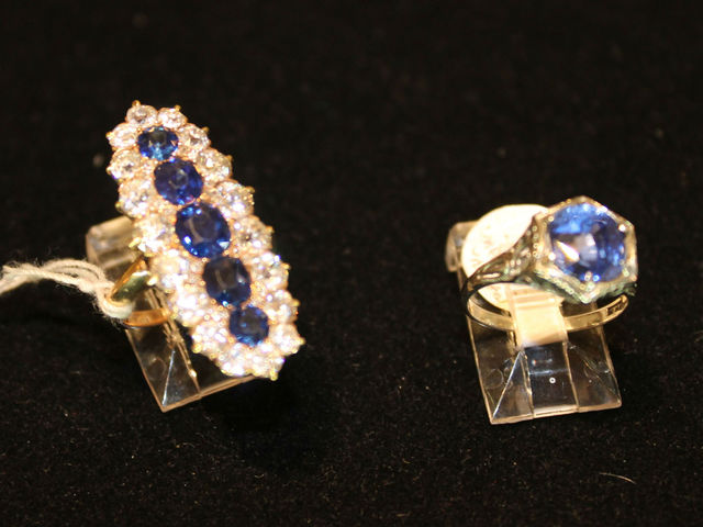 <p>Two of the more expensive rings at Pippin, with sapphires and diamonds.</p>
