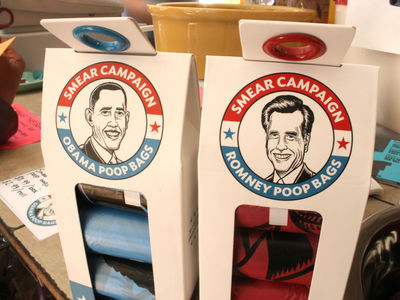 October 12, 2012 - Who's Your Doggy in Fort Greene is selling dog bags featuring the faces of Obama or Romney.