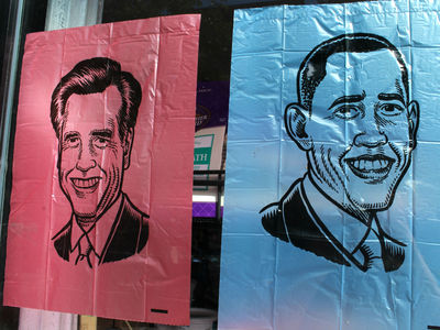 October 12, 2012 - Who's Your Doggy in Fort Greene is selling dog bags featuring the faces of Obama or Romney.