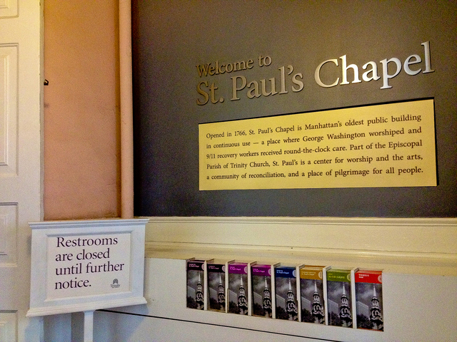 <p>Trinity Church has closed the bathrooms to St. Paul's Chapel as a preemptive measure to prevent vandalism from Occupy Wall Street protesters camped outside Trinity.&nbsp;</p>
