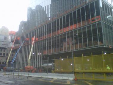 A construction worker may have broken his leg when he fell from a ladder at 4 World Trade Center on Tuesday November 13, 2012.