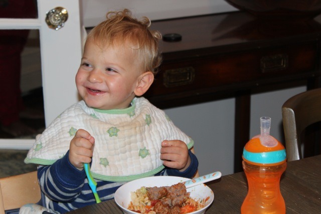 <p>Vicky's son George enjoys meatballs and organic pasta for lunch.&nbsp;</p>
