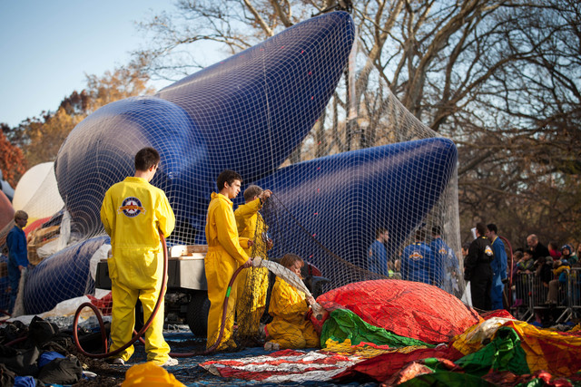 <p>Workers helped inflate enormous balloons before the Macy's Thanksgiving Day Parade Nov. 21, 2012.</p>
