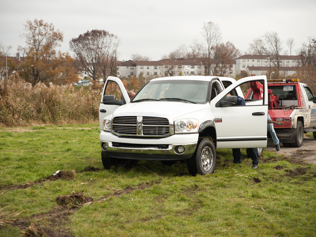 <p>The Dodge showed few signs of damage after it was pulled from Meadow Lake in Forest HIlls Monday morning, Nov. 19, 2012.</p>
