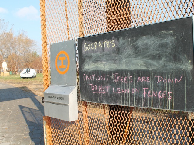 <p>Visitors at Socrates Sculpture Park are greeted by the sign &ldquo;Caution: Trees are down. Do not lean on fences.&rdquo;</p>
