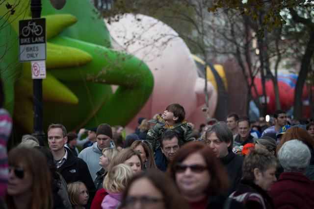 <p>Kermit and other balloons filled with air during the Macy's Thanksgiving Day Parade balloon inflation Nov. 21, 2012.</p>
