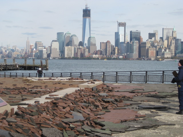 <p>Bricks along pathways were uprooted throughout Liberty Island.</p>
