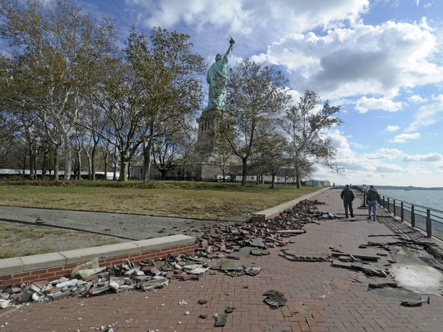 <p>Bricks along Liberty Island's walkways were uprooted during the Sandy.</p>
