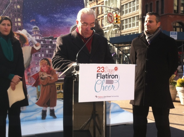 <p>Local merchant and contributing sponsor Farrell Vega at the "23 Days of Flatiron Cheer" kickoff event on Nov. 29, 2012.</p>
