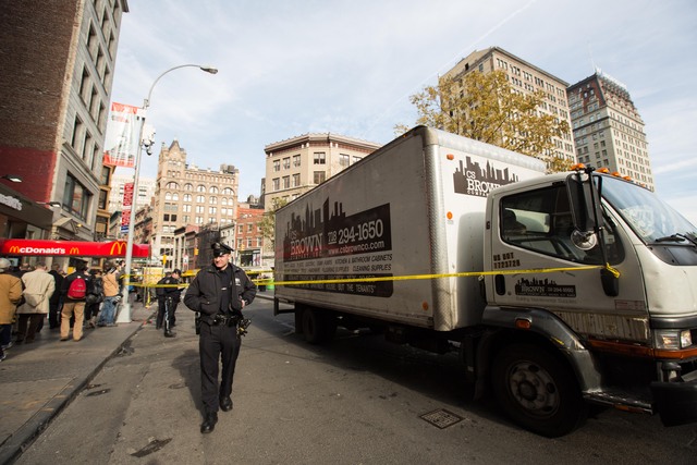 <p>A man riding a skateboard was struck and critically injured by a delivery truck near Union Square Tuesday afternoon, Nov. 20, 2012.</p>
