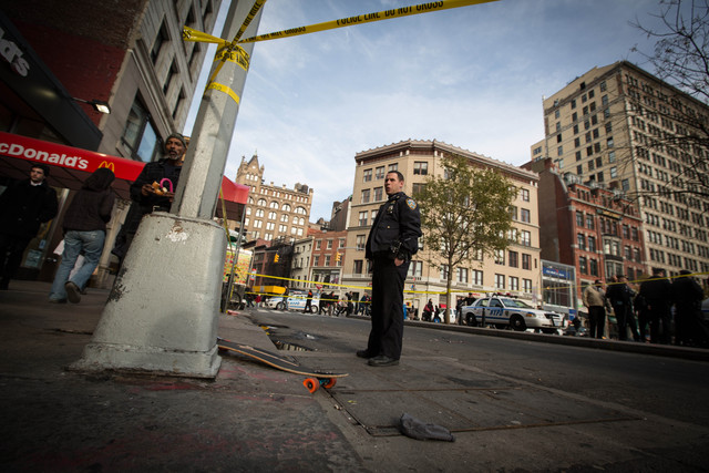 <p>A man riding a skateboard was struck and critically injured by a delivery truck near Union Square Tuesday afternoon, Nov. 20, 2012.</p>
