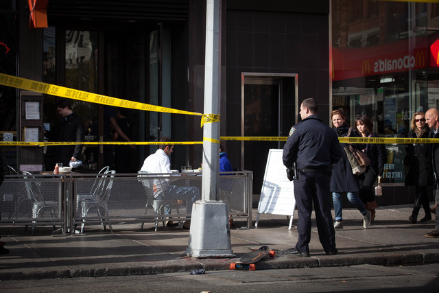 <p>A man riding a skateboard was struck and critically injured by a delivery truck near Union Square Tuesday afternoon, Nov. 20, 2012.</p>
