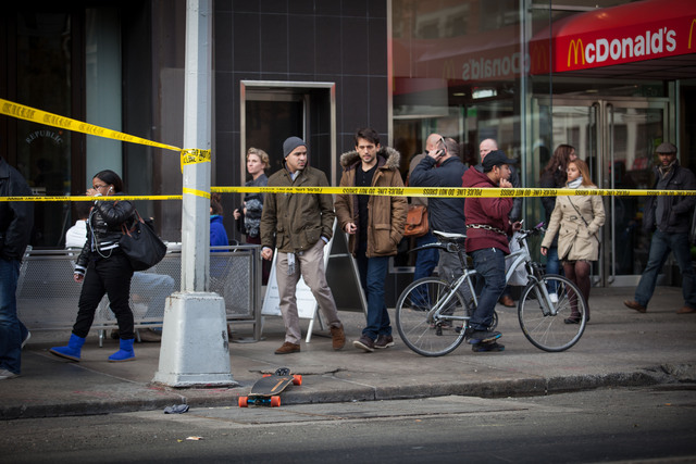 <p>A man riding a skateboard was struck and critically injured by a delivery truck near Union Square Tuesday afternoon, Nov. 20, 2012.</p>
