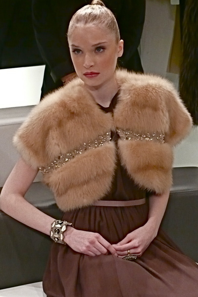<p>Chocolate silk gown and bleached sable cropped jacket with Swarovski crystal details.</p>
