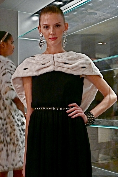 <p>A black and white look with natural ermine cape and Swarovski crystal belt.</p>
