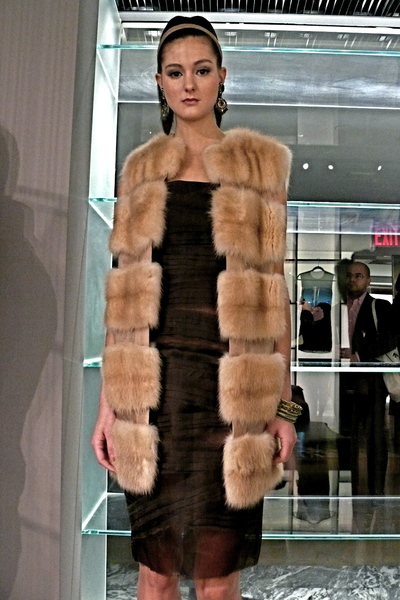 <p>Chocolate silk organza dress with fabric-blocked bleached sable and silk organza vest.</p>
