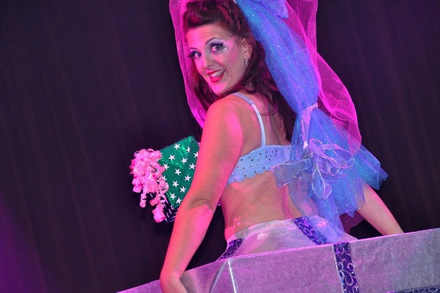 <p>Schlep Sister Darlinda Just Darlinda performs in the Menorah Horah, a Channukah-themed burlesque show.</p>
