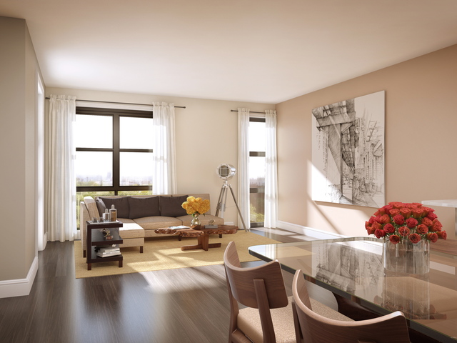 <p>A living room at Park Union, a new condo building that recently launched sales in Park Slope.</p>
