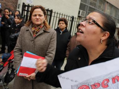 Parents and students rallied in Mott Haven Thursday outside P.S. 369, which the DOE could close.