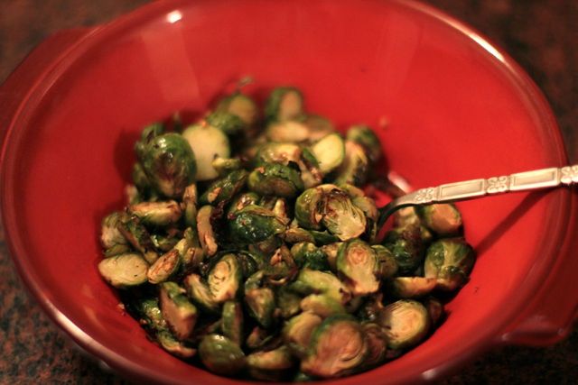 <p>The roasted Brussels sprouts are combined with a splash of balsamic vinegar and sliced figs for sweetness.</p>
